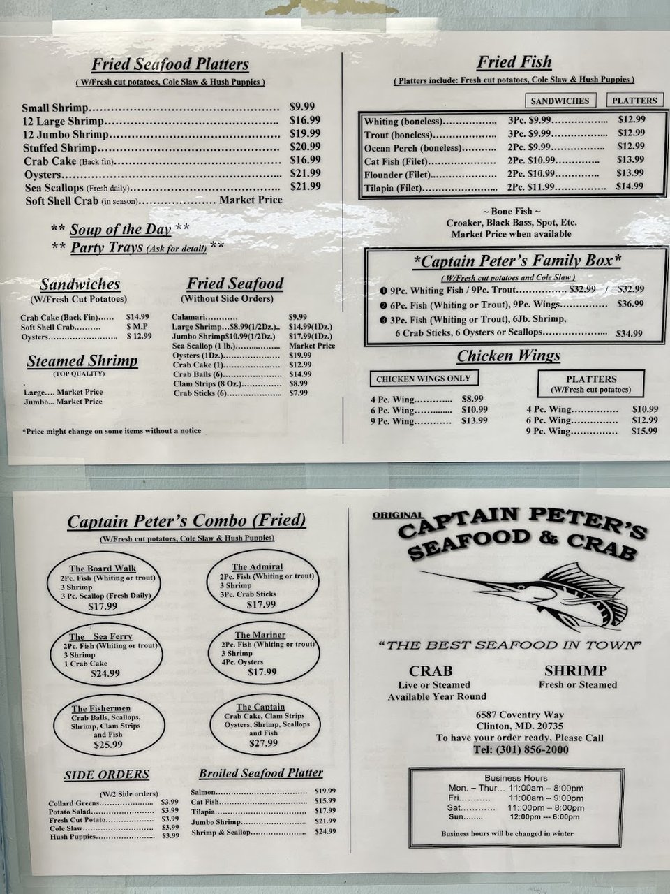 Seafood categories and platter options.