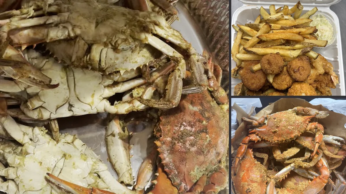 Crabs and fried fish on white plates.