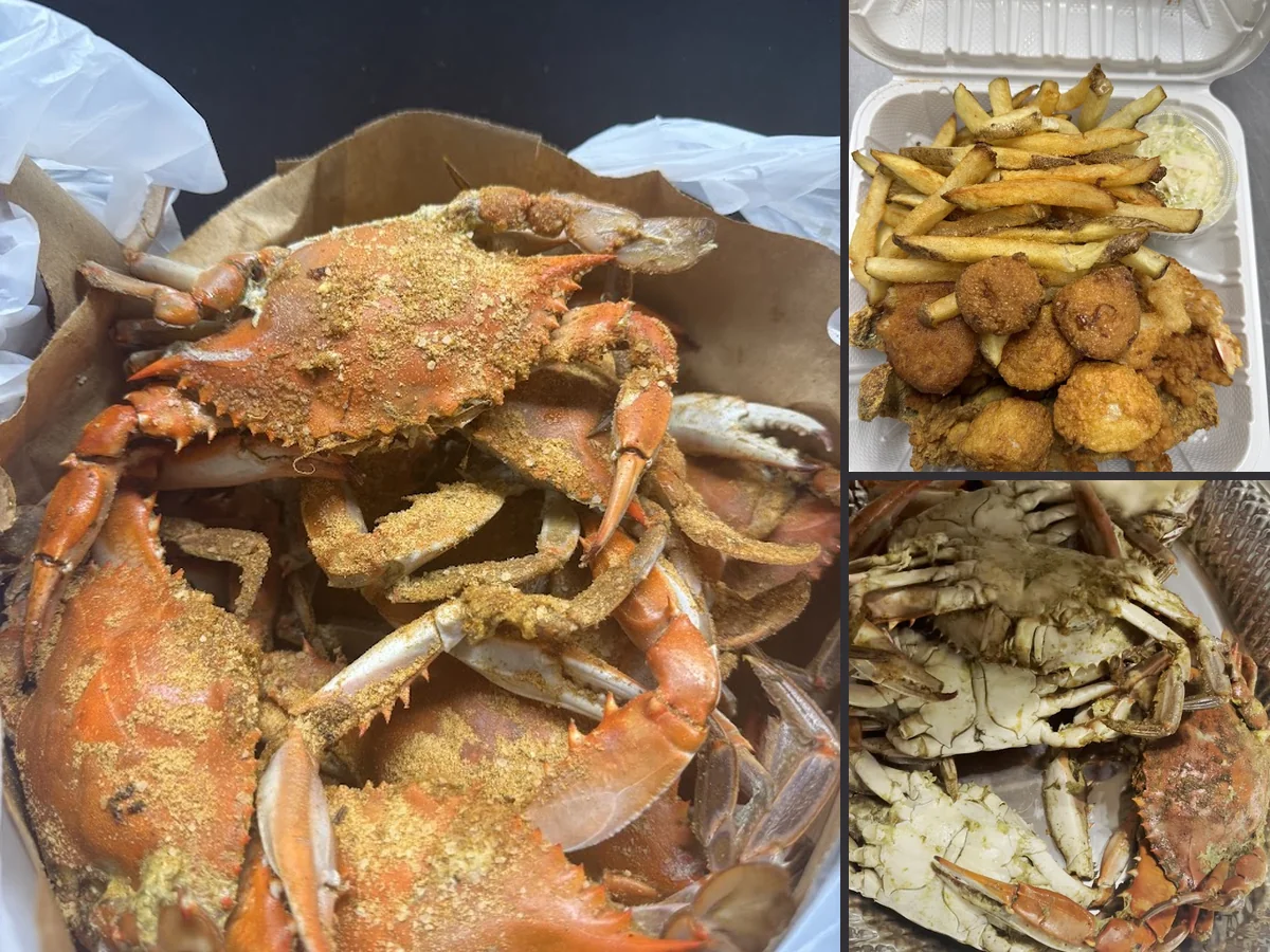 A crab house meal with hush puppies.