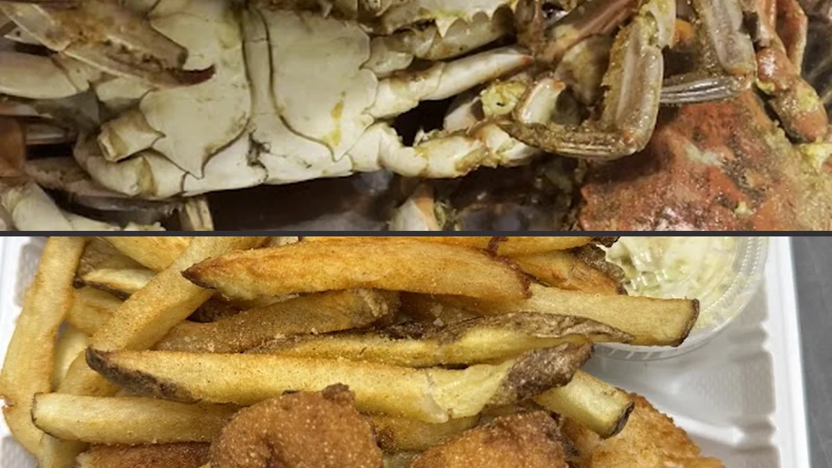 Shrimp and fish served with fries.