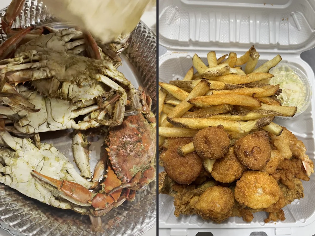 Crabs and fried fish on white plates.