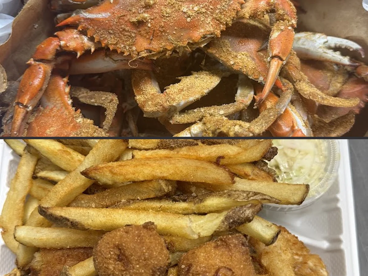 Shrimp and fish served with fries.